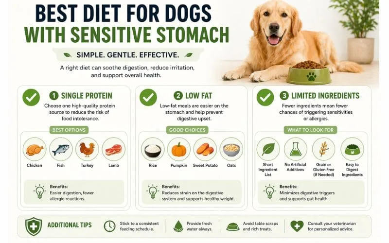 Infographic showing best diet structure for dogs with sensitive stomach including single protein low fat and limited ingredients.