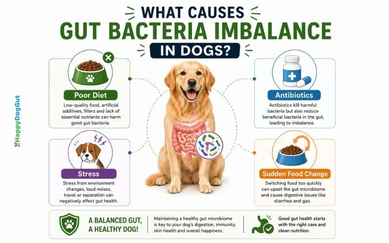 Infographic explaining causes of dog gut bacteria imbalance including poor diet antibiotics stress and sudden food changes.