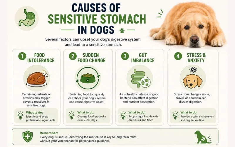Infographic explaining causes of sensitive stomach in dogs such as food intolerance sudden diet change gut imbalance and stress.