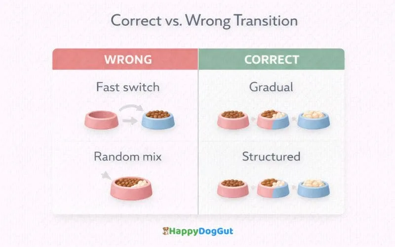Comparison infographic showing correct vs wrong dog food transition methods including gradual change and structured mixing.