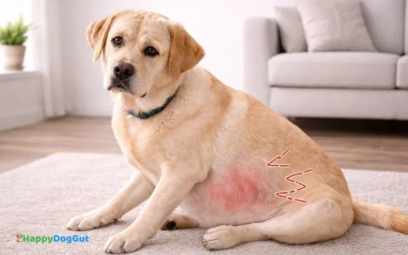 Dog showing mild digestive discomfort and bloating in indoor setting due to sudden food changes.