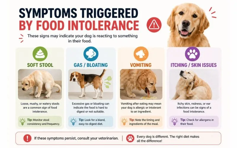 Infographic showing symptoms triggered by food intolerance in dogs including soft stool gas vomiting and itching.