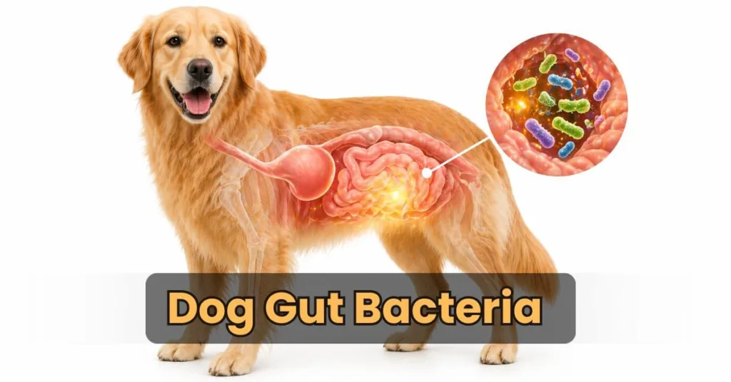 Healthy golden retriever with transparent digestive system highlighting dog gut bacteria and gut health.