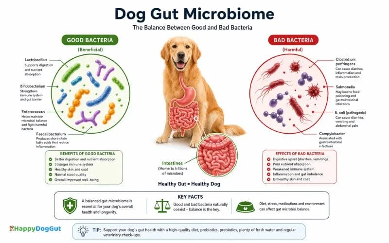 Educational diagram showing dog gut bacteria balance between good and bad microbes in the intestines.