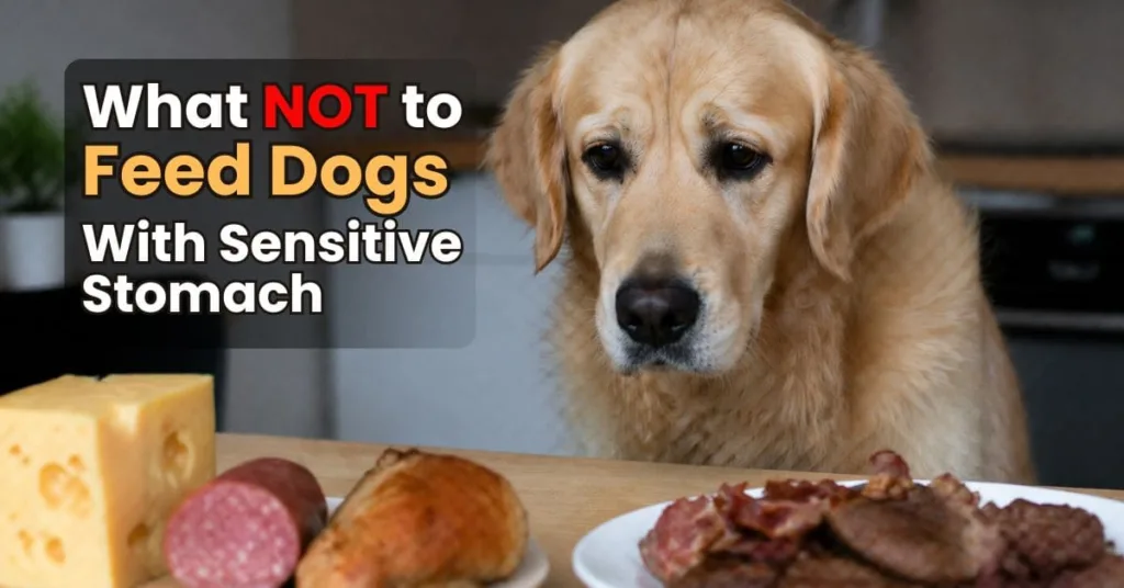 Dog looking at table food like cheese and meat showing what not to feed dogs with sensitive stomach.