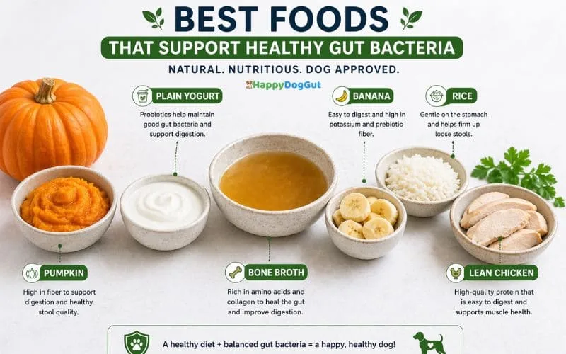 Healthy foods like pumpkin yogurt and bone broth that support dog gut bacteria and digestive health.