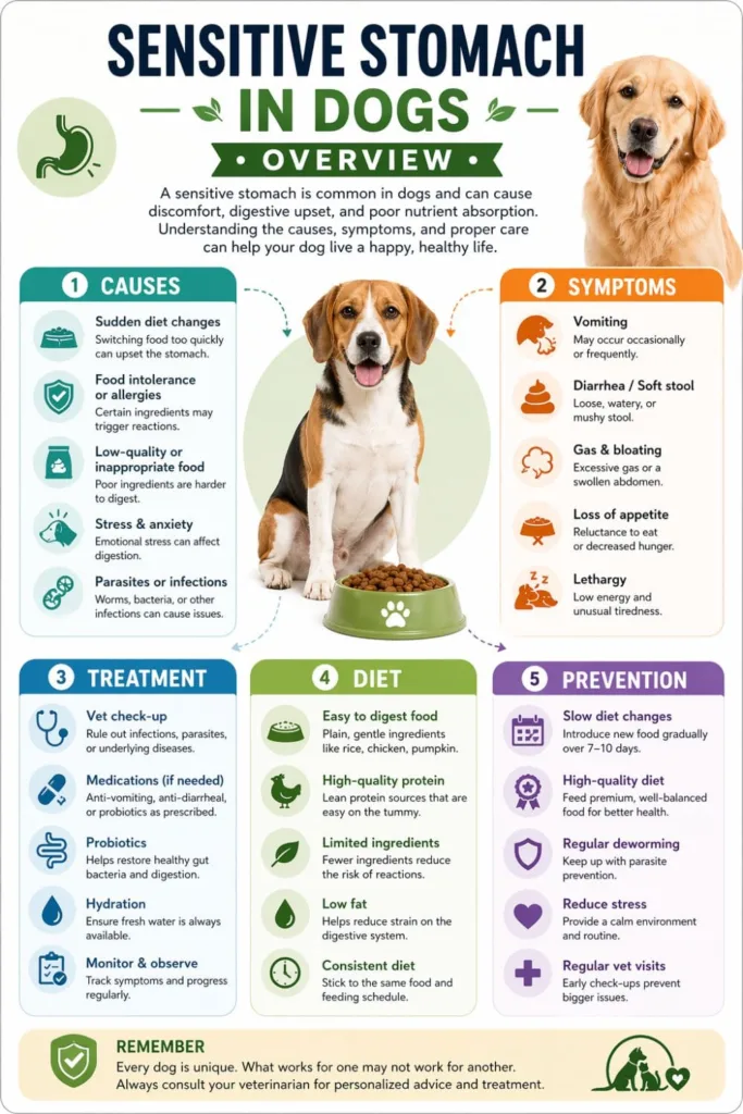Comprehensive infographic showing Dog Sensitive Stomach Guide including causes symptoms treatment diet and prevention.