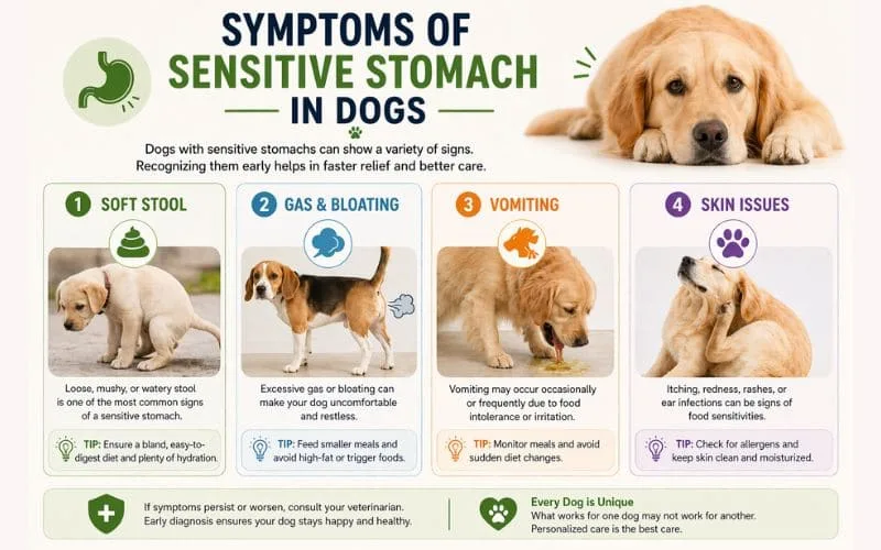 Infographic showing symptoms of sensitive stomach in dogs including soft stool gas vomiting and skin issues.