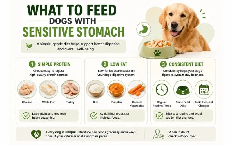 Infographic showing what to feed dogs with sensitive stomach including simple protein low fat and consistent diet.