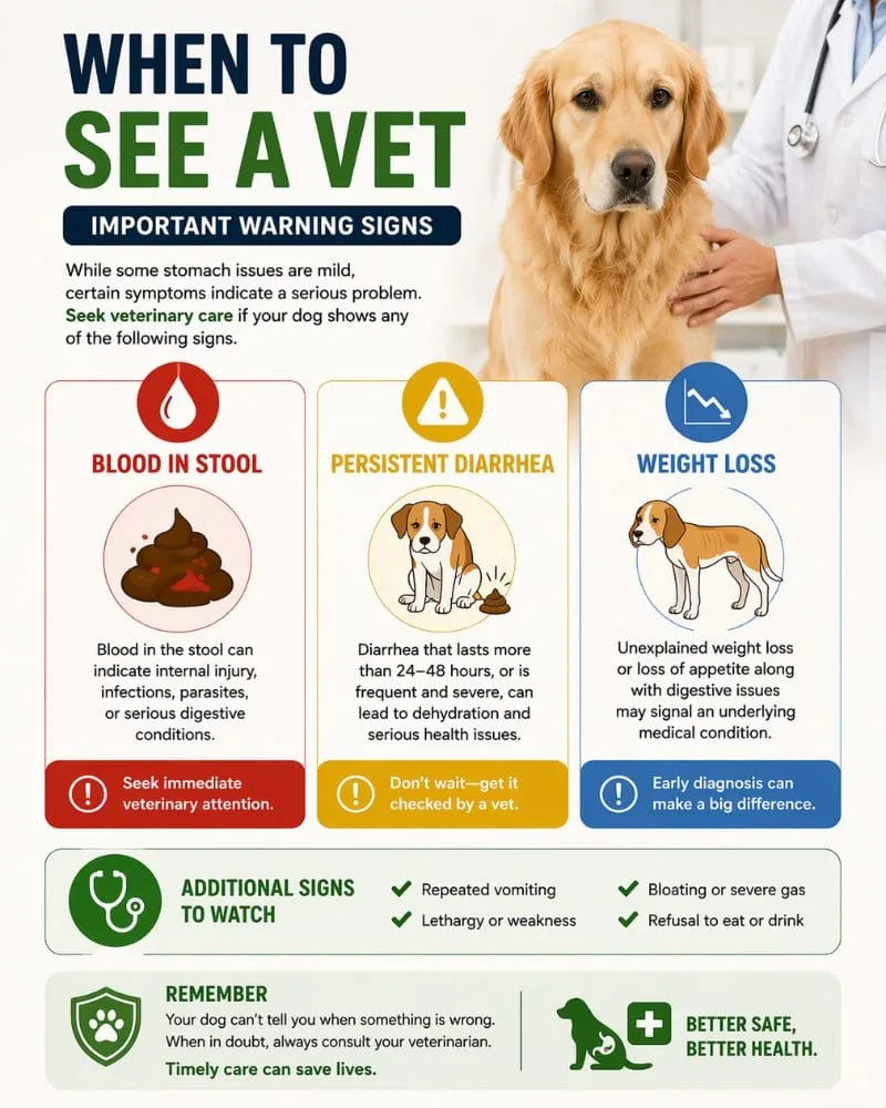 Infographic showing when to see vet for dog digestive issues including blood in stool persistent diarrhea and weight loss.
