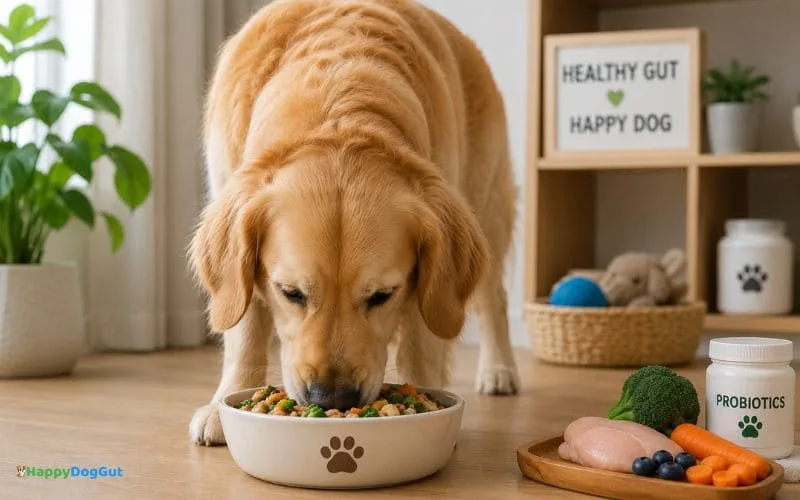 Healthy dog eating a balanced meal to support gut healing and digestive recovery in dogs.