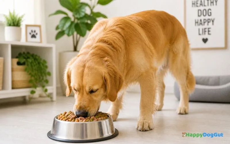 Healthy dog eating balanced food in clean environment to reduce grass eating behavior.