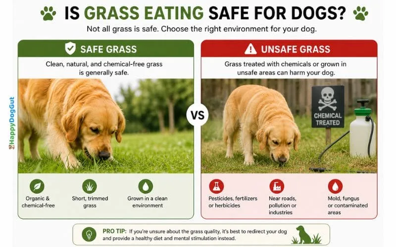 Comparison infographic showing safe clean grass versus chemically treated unsafe grass for dogs.