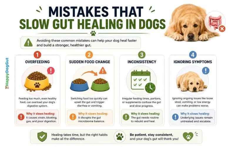 Infographic showing mistakes that slow dog gut healing including overfeeding sudden food changes and inconsistency.