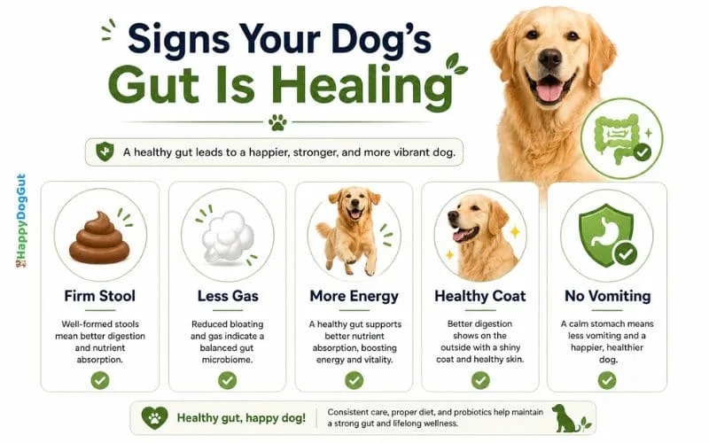 Infographic showing signs dog gut healing is improving including firm stool more energy healthy coat and no vomiting.