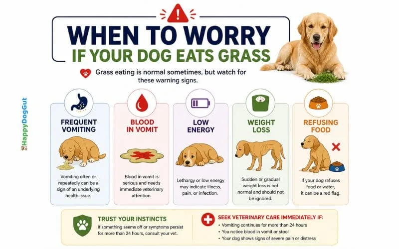 Infographic showing warning signs like frequent vomiting blood low energy and weight loss in dogs.