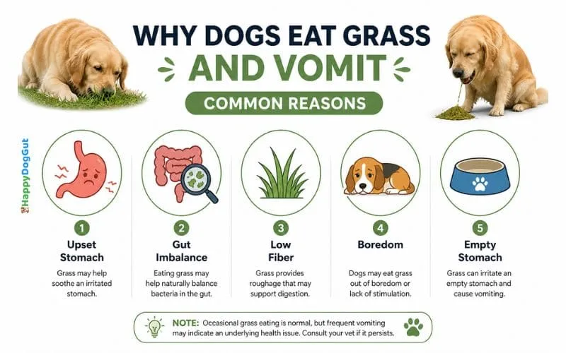 Infographic explaining reasons why dog eats grass then vomits including upset stomach gut imbalance and boredom.