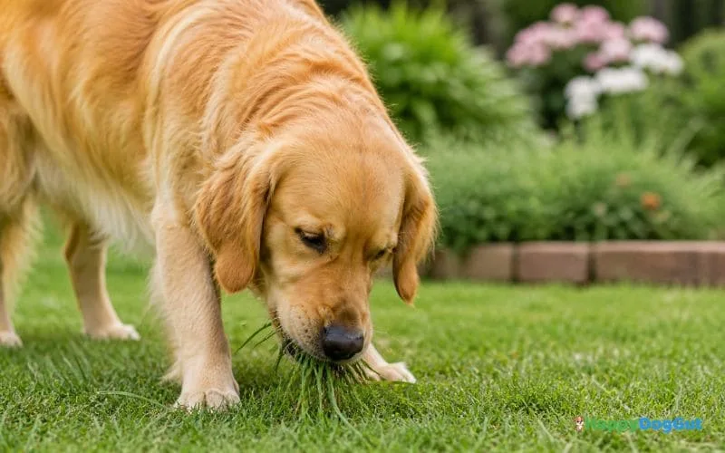 Dog eating grass in garden showing natural curiosity behavior in dogs.