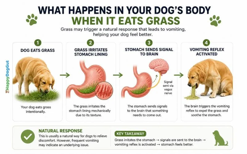 Diagram showing how dog eats grass then vomits due to stomach irritation and vomiting reflex.