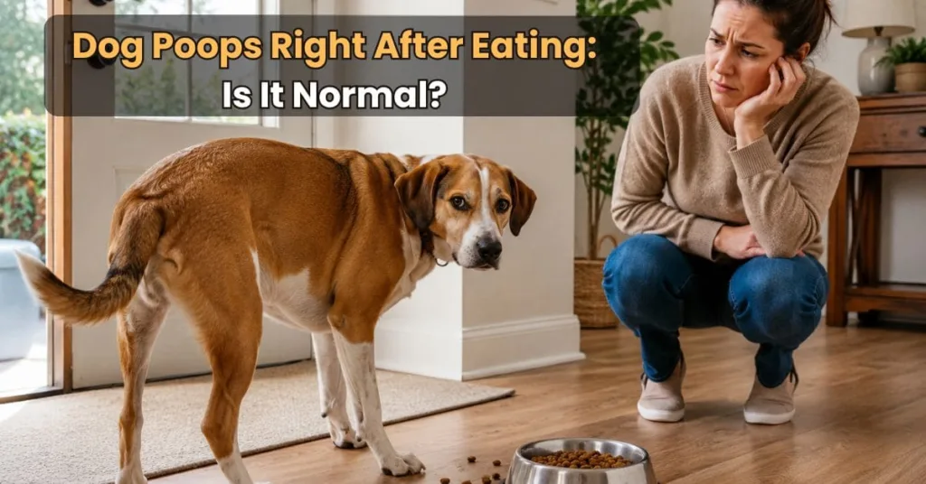 Dog poops right after eating behavior with owner looking concerned in a home environment.