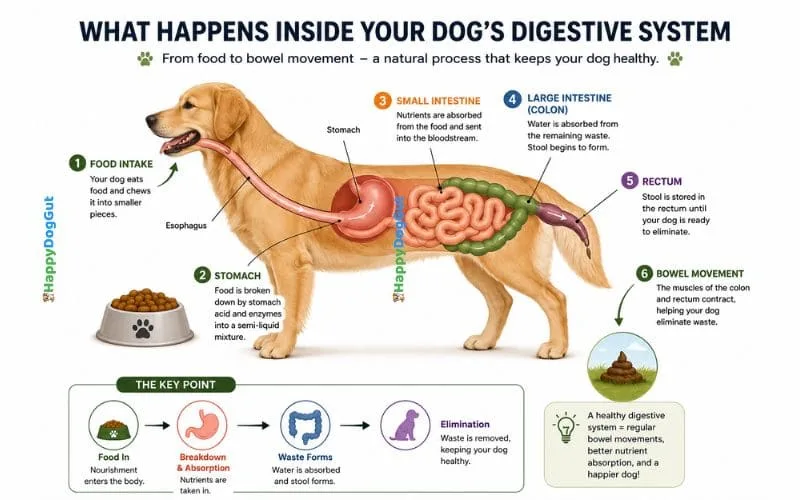 Educational diagram showing food moving through a dog's digestive system and triggering bowel movement.