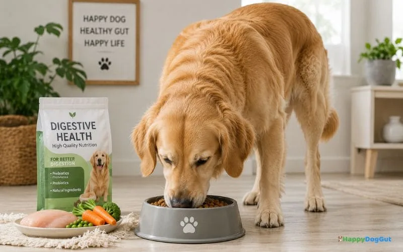 Healthy dog eating high-quality food to support digestion and regular bowel movements.