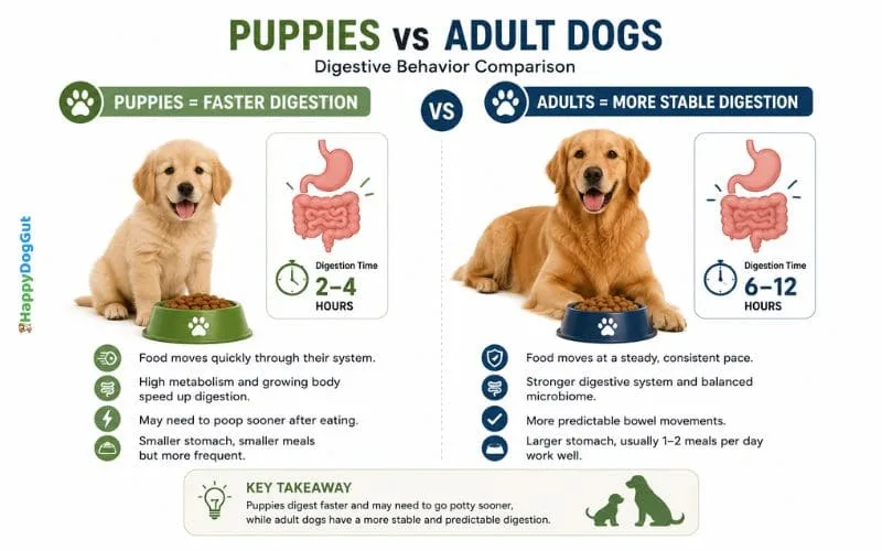 Comparison infographic showing faster digestion in puppies versus more stable digestion in adult dogs.
