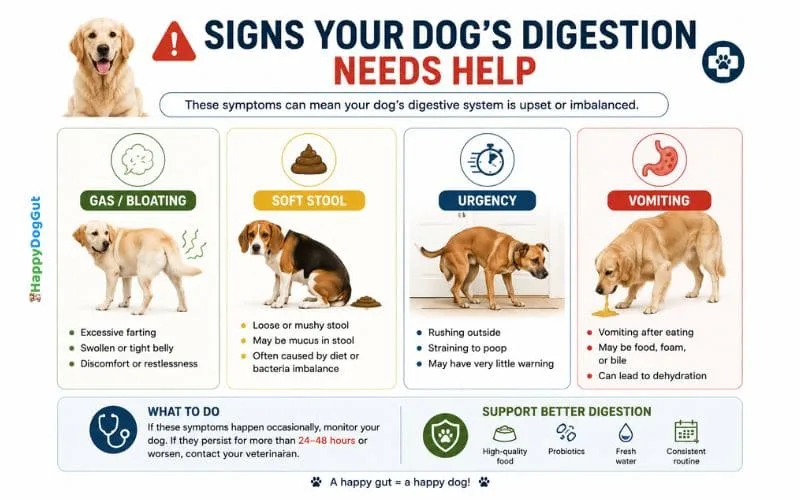Infographic showing gas soft stool urgency and vomiting as signs of digestive problems in dogs.
