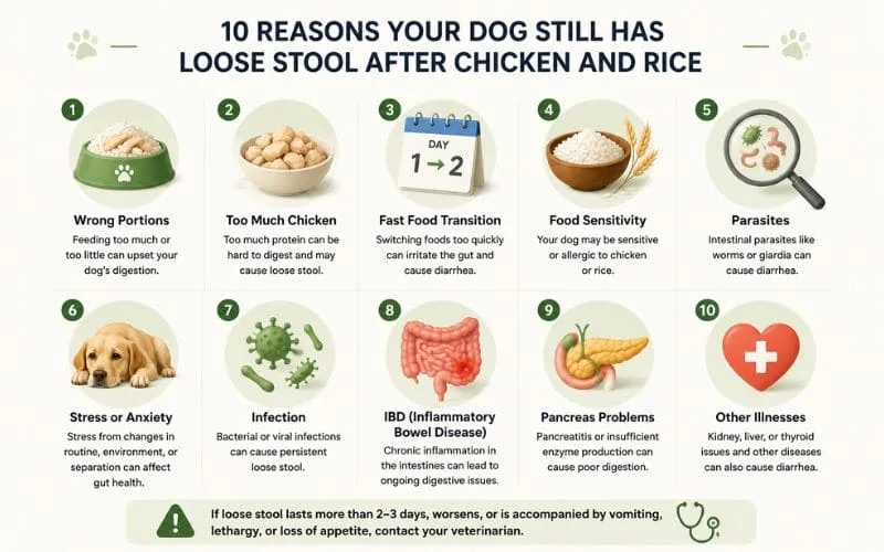 Infographic showing common causes of loose stool after chicken and rice, including food sensitivity, parasites, infection, IBD, stress, and feeding mistakes.