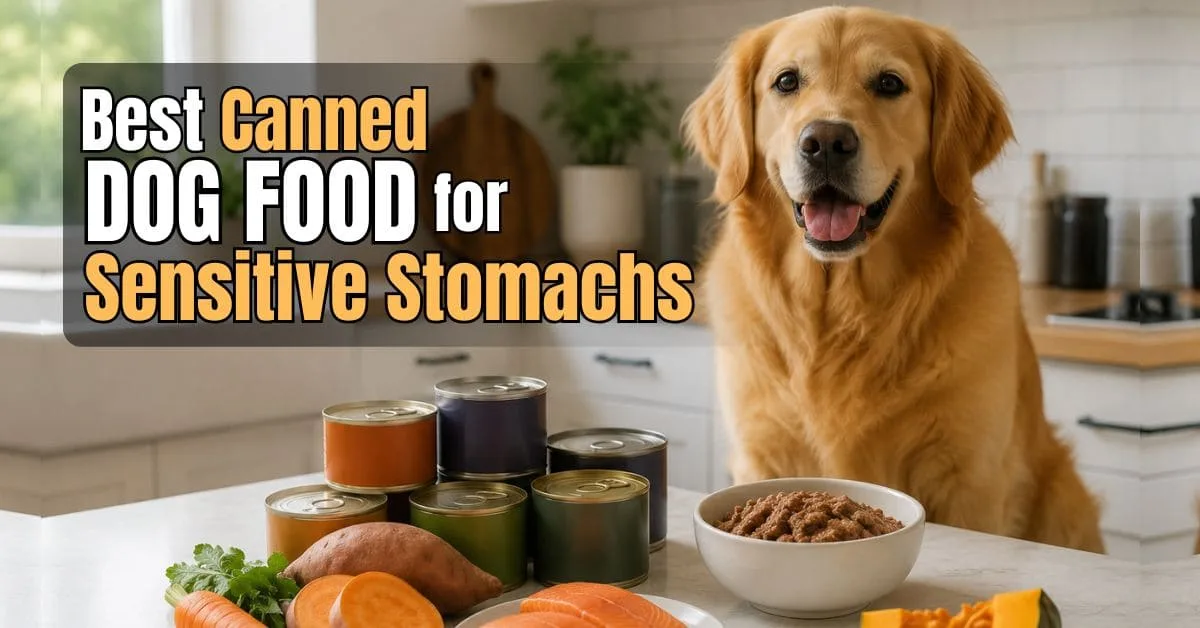 Golden Retriever beside premium canned dog food with pumpkin, salmon, sweet potato, and carrots in a modern kitchen.