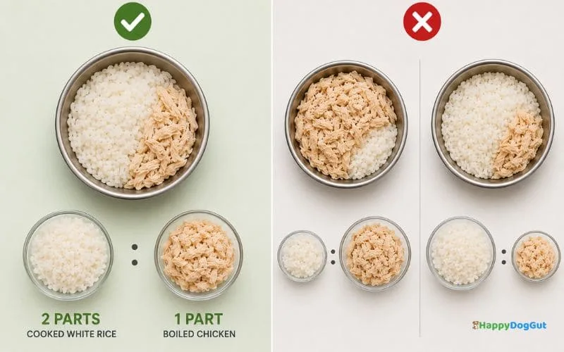 Comparison showing the correct ratio of two parts cooked white rice to one part boiled chicken for dogs.
