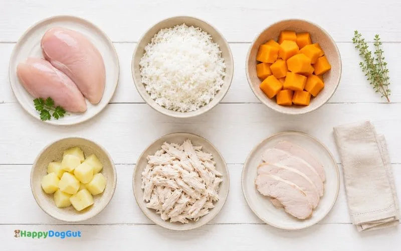 Top-down view of chicken breast, cooked white rice, pumpkin, boiled potato, and turkey arranged for a bland diet for dogs.