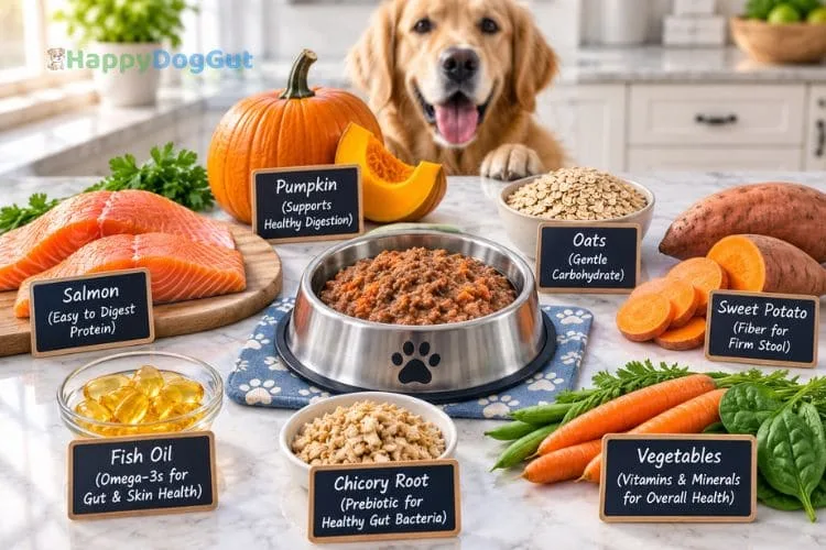 Salmon, pumpkin, oats, sweet potato, chicory root, fish oil, and vegetables surrounding a bowl of canned dog food.