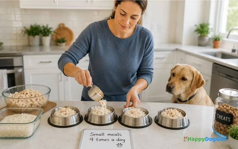 Dog owner preparing four small bowls of boiled chicken and rice for a Labrador Retriever in a bright kitchen.