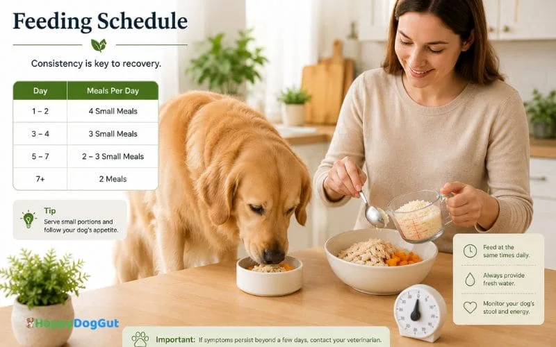 Golden Retriever eating a small meal while the owner measures food portions with a kitchen timer nearby.