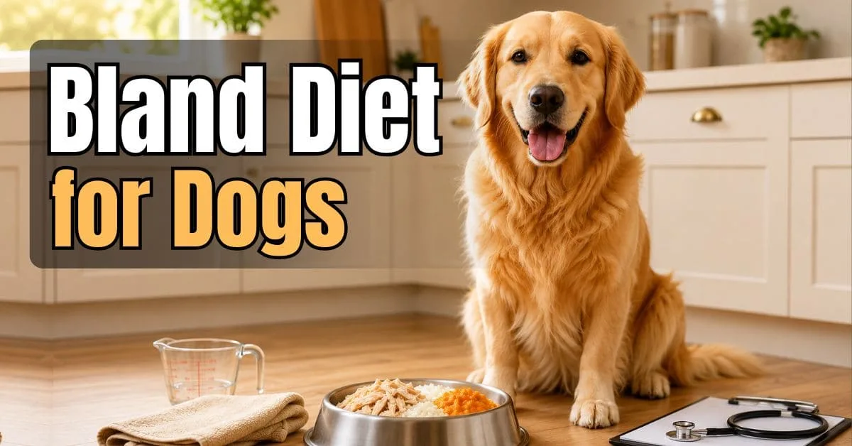 Healthy Golden Retriever sitting beside a stainless steel bowl filled with shredded chicken, white rice, and pumpkin in a warm kitchen.