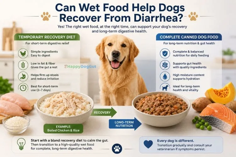 Comparison of a temporary chicken and rice diet with complete canned dog food for digestive recovery and long-term nutrition.