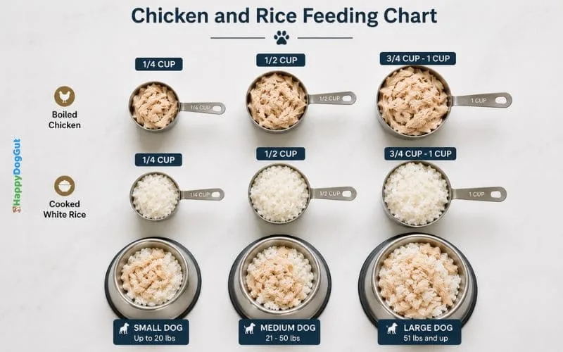 Top-down view of measuring cups containing boiled chicken and white rice beside small, medium, and large dog bowls.