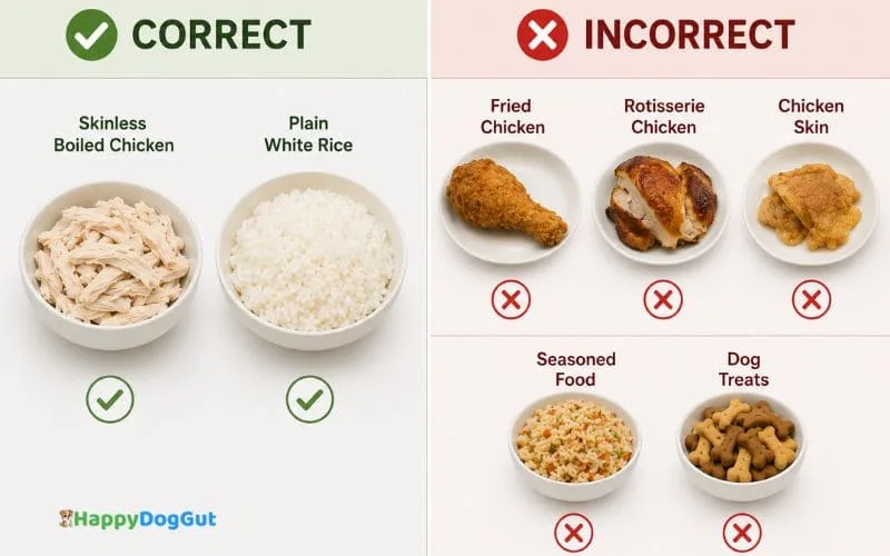 Comparison showing skinless boiled chicken and white rice versus fried chicken, chicken skin, seasoned food, and dog treats.
