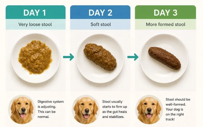 Infographic showing stool consistency improving from Day 1 through Day 3 after feeding chicken and rice.