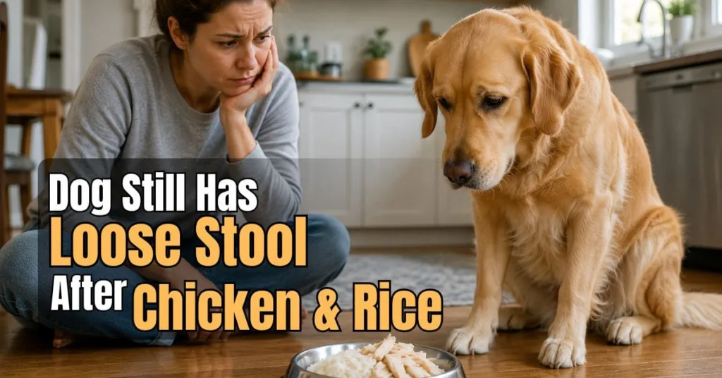 Concerned dog sitting beside a bowl of boiled chicken and white rice while the owner looks worried about ongoing loose stool.
