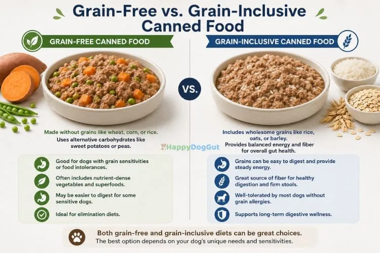 Comparison of grain-free canned dog food with sweet potatoes and peas versus grain-inclusive canned food with rice and oats.