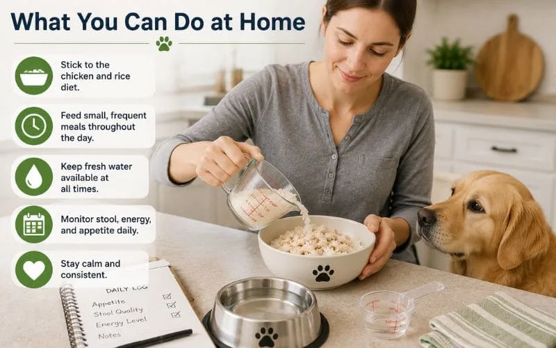 Dog owner preparing a measured bowl of boiled chicken and rice with fresh water, measuring cup, and health notebook on a kitchen counter.