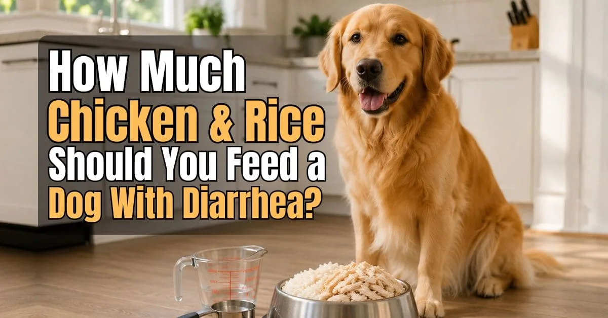 Golden Retriever beside a bowl of boiled chicken and white rice with measuring cup in a modern kitchen for feeding a dog with diarrhea.