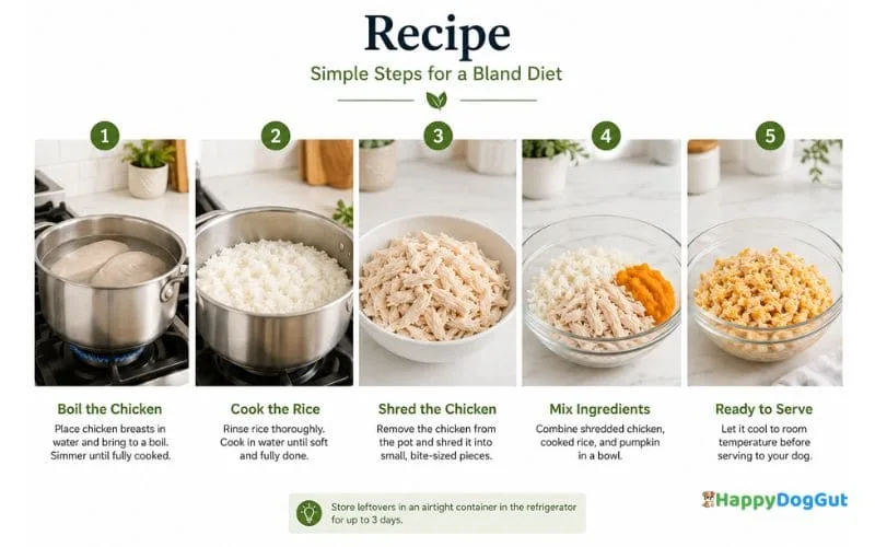 Step-by-step process of boiling chicken, cooking rice, shredding chicken, and mixing ingredients for a bland diet for dogs.