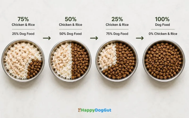 Four dog bowls showing a gradual transition from chicken and rice to regular kibble in increasing proportions.