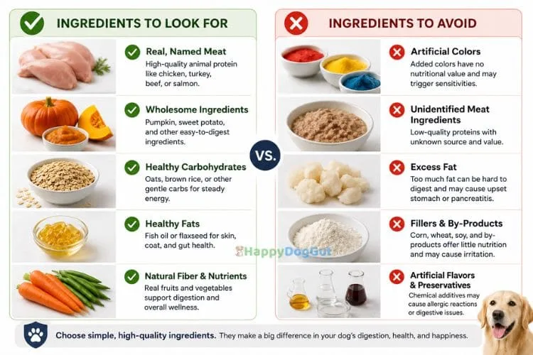 Comparison showing healthy ingredients on one side and artificial colors, fillers, excess fat, and unnamed meat ingredients on the other.
