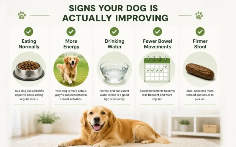 Checklist infographic showing normal appetite, increased energy, good hydration, fewer bowel movements, and firmer stool in dogs.