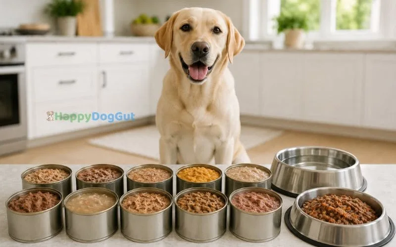 Premium canned dog food tins arranged beside stainless steel dog bowls with a Labrador waiting in the background.