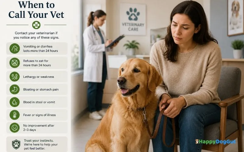 Concerned dog owner holding a leash while waiting with a Golden Retriever inside a veterinary clinic.